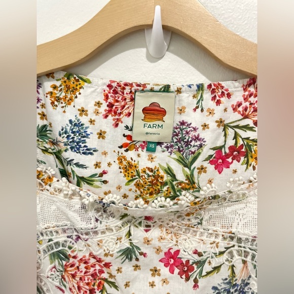 FARM RIO Floral Mini Dress Lace Inset Boho Size XS Cream Linen Blend Bird - Picture 4 of 9